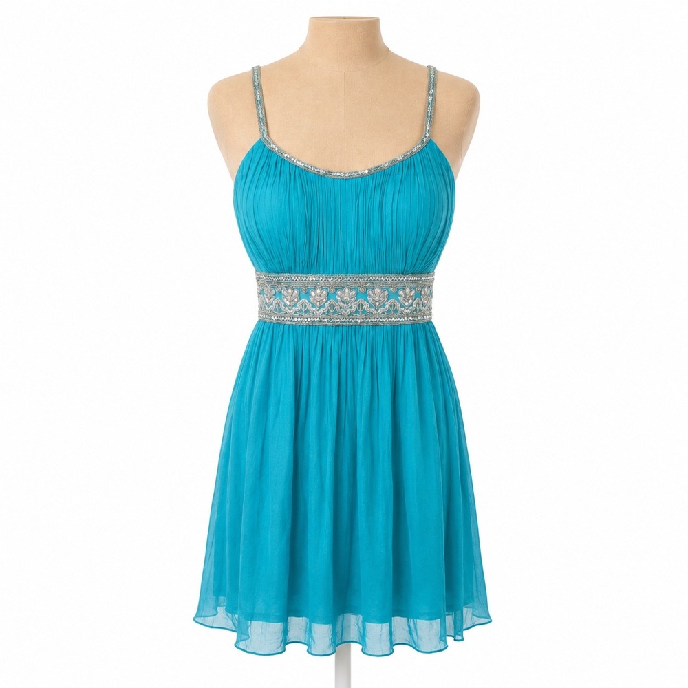 Vintage Y2K Scala 100% Silk Beaded Babydoll Dress Size 8 Teal Fairy Indie Hoco